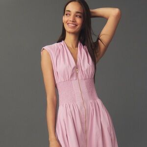 Anthropologie The Tommie Cap-Sleeve Smocked Front Zip Shirt Dress